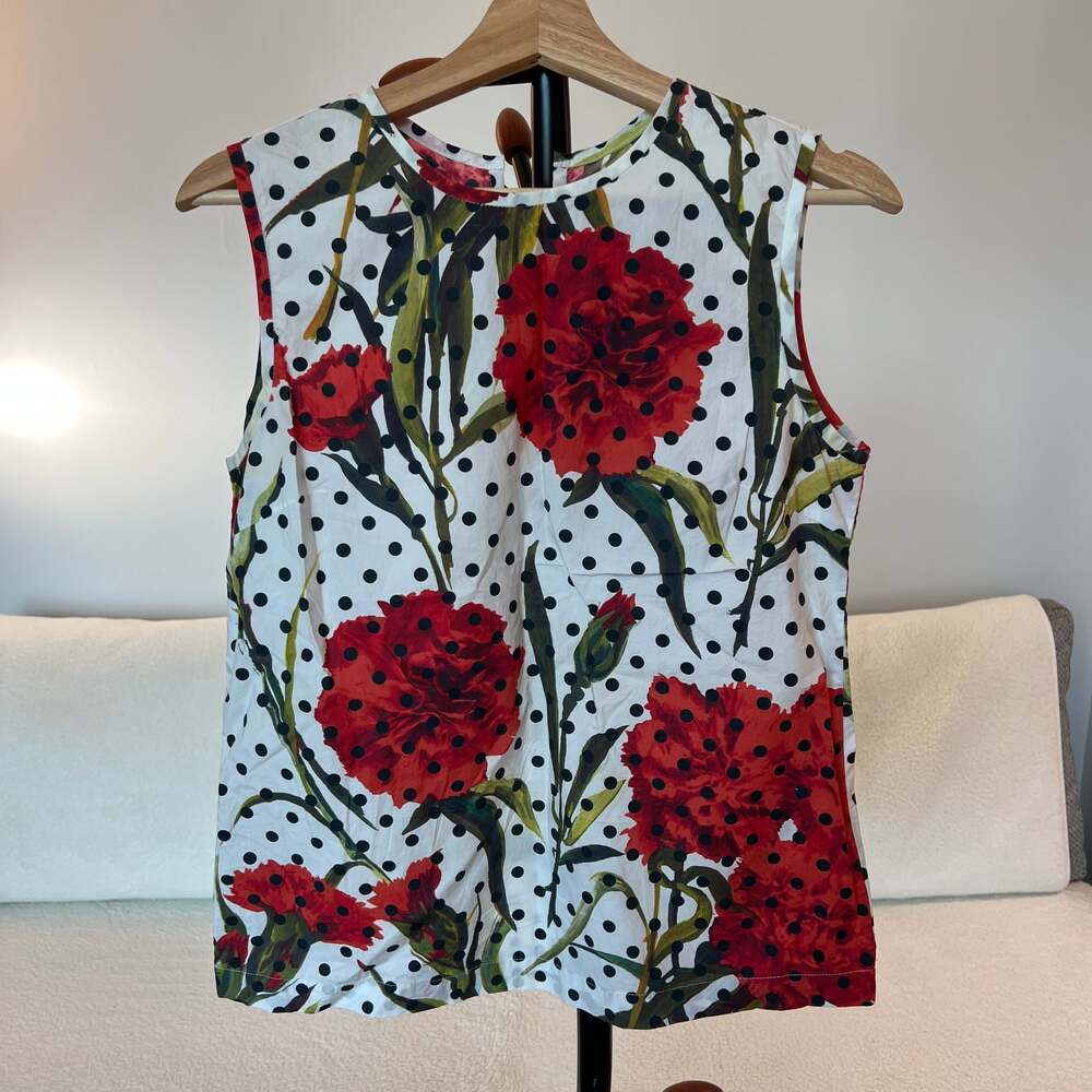 Floral Polka Dot Cotton Sleeveless Blouse with Back Tie Dolce Gabana